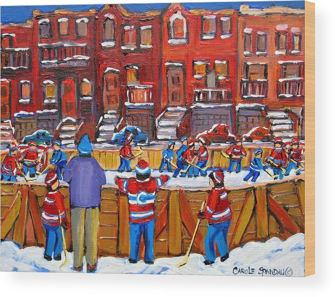 Hockeygame At The Neighborhood Rink Wood Print featuring the painting Neighborhood Hockey Rink by Carole Spandau