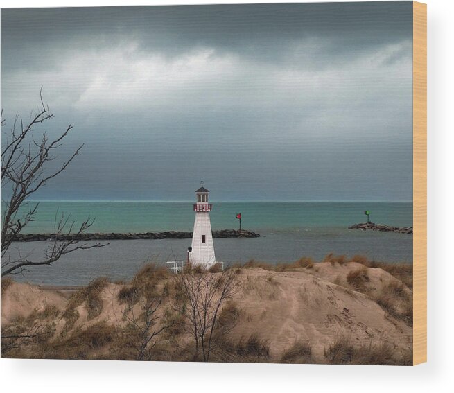 Storm Wood Print featuring the photograph New Buffalo Lighthouse by David T Wilkinson