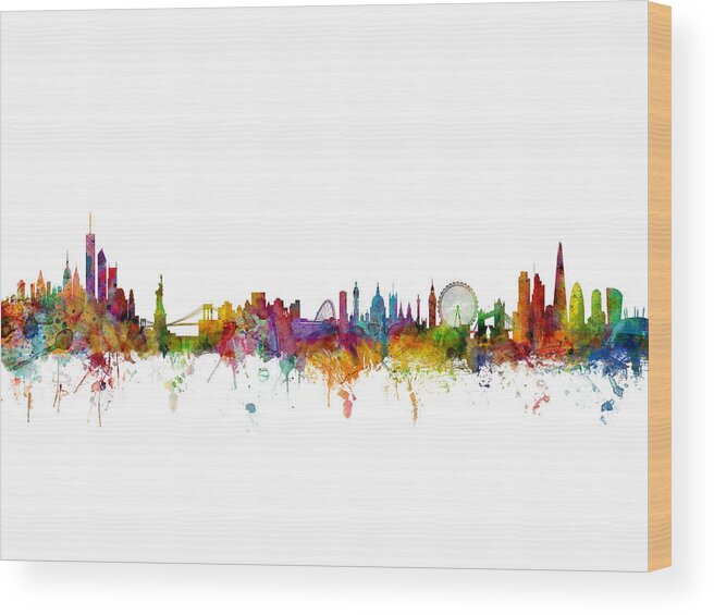 Cityscape Wood Print featuring the digital art New York and London Skyline Mashup by Michael Tompsett