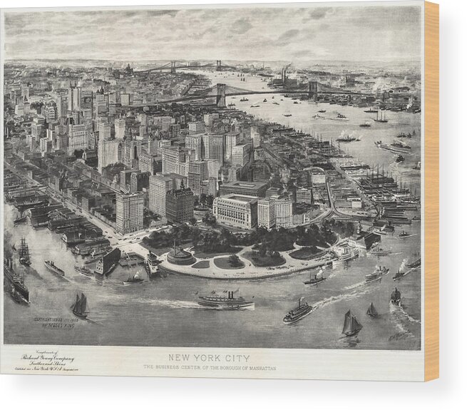 Map Wood Print featuring the painting New York City Manhattan 1905 by Vincent Monozlay