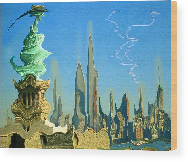 Art Wood Print featuring the painting New York Fantasy Skyline - Modern Artwork by Peter Potter