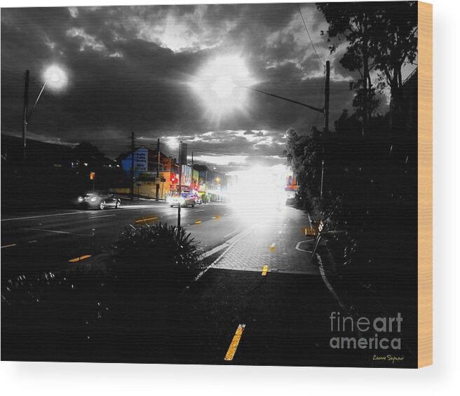 Lights Wood Print featuring the mixed media Night Lights and UFOs by Leanne Seymour