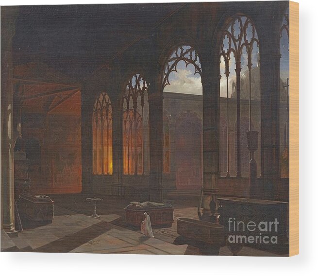 A. E. Haffer Wood Print featuring the painting Night Scene with a Monk in a Gothic Cloister by MotionAge Designs