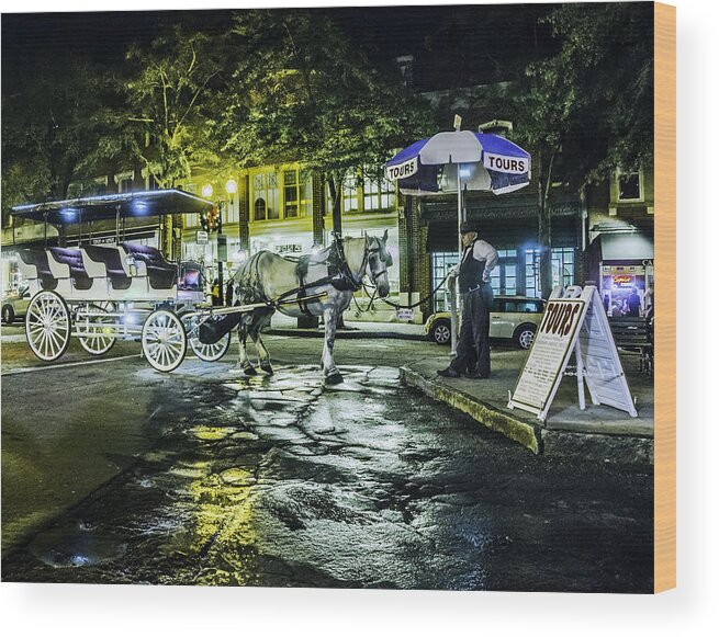 Wilmington's Riverfront Was Named The best American Riverfront By Usa Today.it Is Minutes Away From Nearby Beaches. Tours Wood Print featuring the photograph Night tours by horse drawn carriage. by WAZgriffin Digital