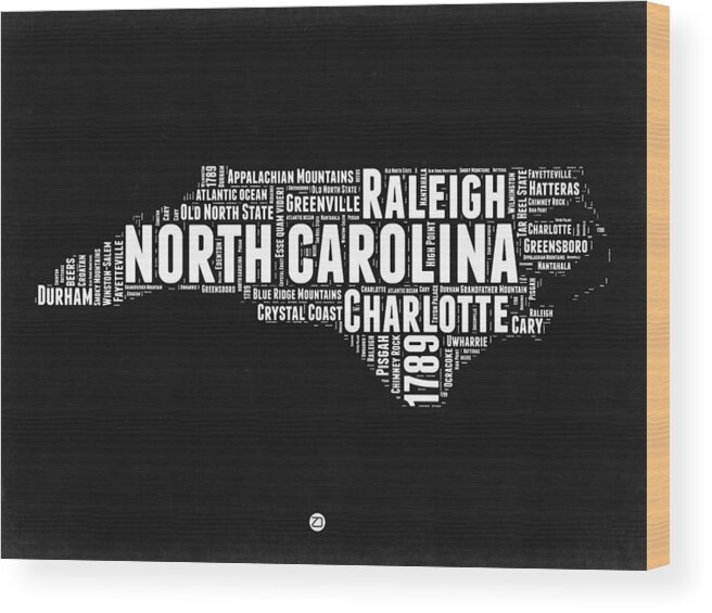 North Carolina Wood Print featuring the digital art North Carolina black and white word Cloud Map by Naxart Studio