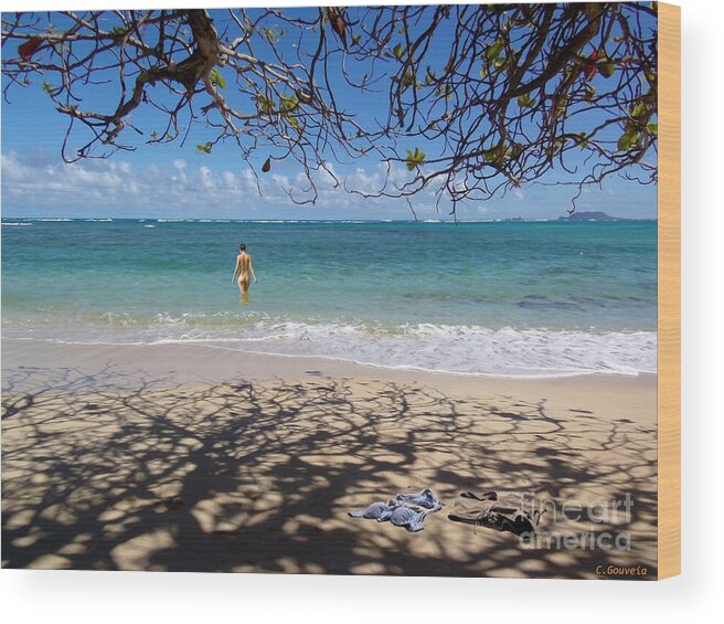 Nude Beach Hawaii Wood Print featuring the painting Nude Beach Hawaii by Carl Gouveia