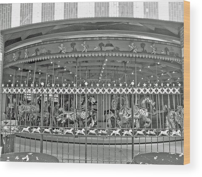 black And White Wood Print featuring the photograph NYC Central Park Carousel by Barbara McDevitt