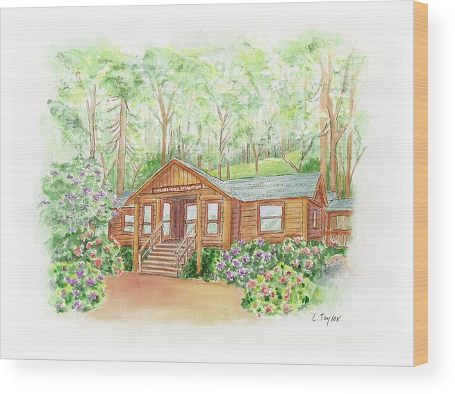 Log Cabin Wood Print featuring the painting Office in the Park by Lori Taylor