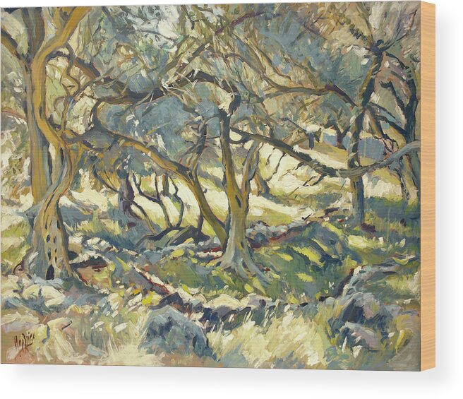 Paxos Wood Print featuring the painting Oilve grove Marmari Beach by Nop Briex