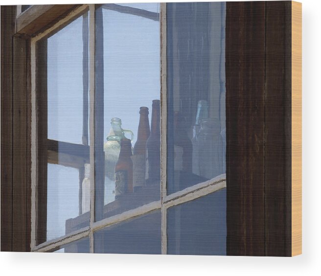 Old Wood Print featuring the photograph Old Bottles in Window by Marcia Socolik