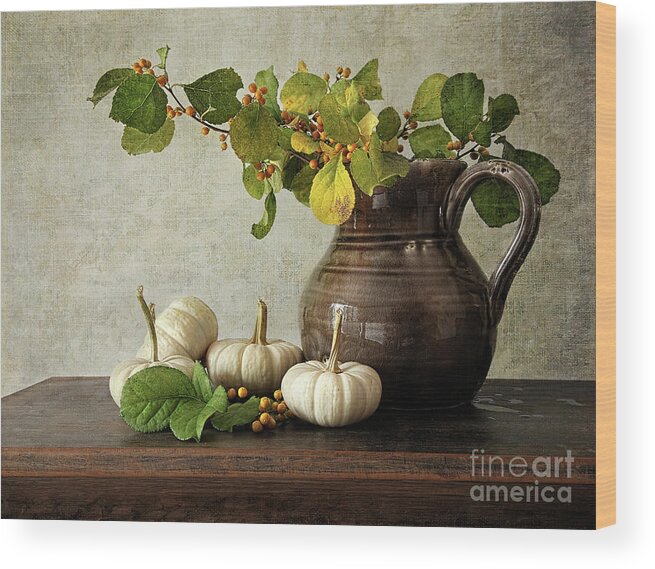 Autumn Wood Print featuring the photograph Old pitcher with gourds by Sandra Cunningham