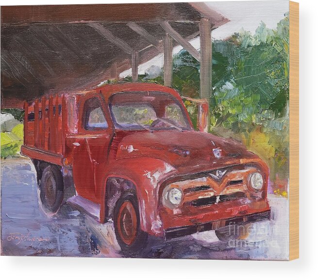 Red Truck Wood Print featuring the painting Old Red Truck - Mountain Valley Farms - Ellijay by Jan Dappen