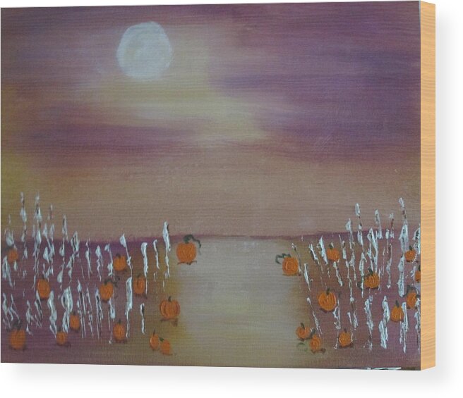 Abstract Moon Moonlight Corn Maze Pumpkins Fall Autumn Purple Gold Orange White Green Brown Wood Print featuring the painting Olde Tyme Pumpkin Patch and Maze by Sharyn Winters