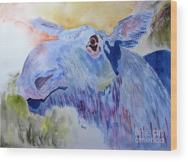 Moose Wood Print featuring the painting Once in a Blue Moose by Sandy McIntire