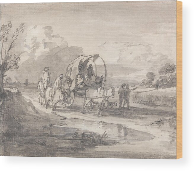 18th Century Art Wood Print featuring the drawing Open Landscape with Horsemen and Covered Cart by Thomas Gainsborough