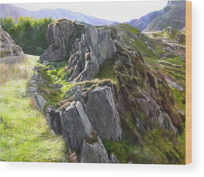 Landscape Wood Print featuring the painting Outcrop in Snowdonia by Harry Robertson