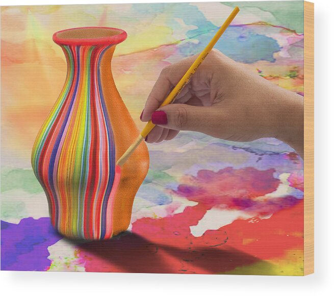 Vase Wood Print featuring the digital art Painting a Vase by Edelberto Cabrera