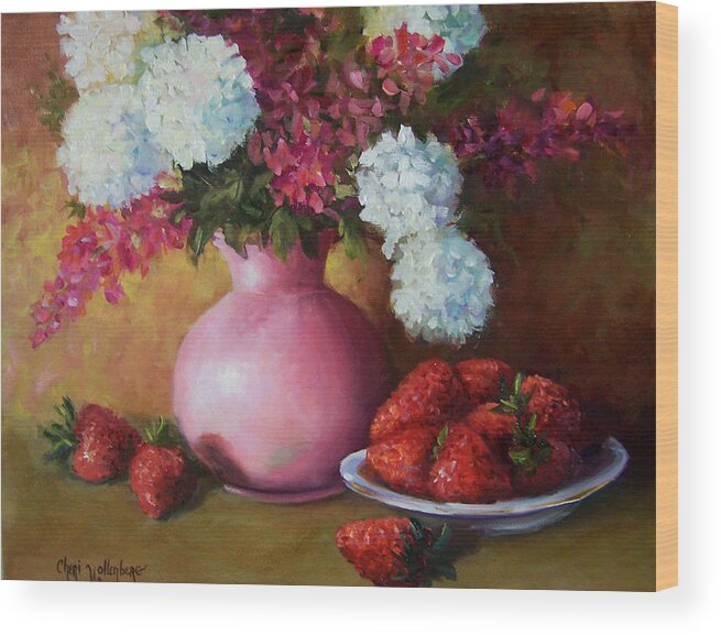 Still Life Wood Print featuring the painting Painting of Pink Pitcher and Strawberries by Cheri Wollenberg
