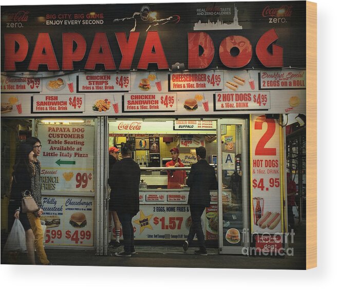 Street Photography Wood Print featuring the photograph Papaya Dog - Restaurants of New York City by Miriam Danar