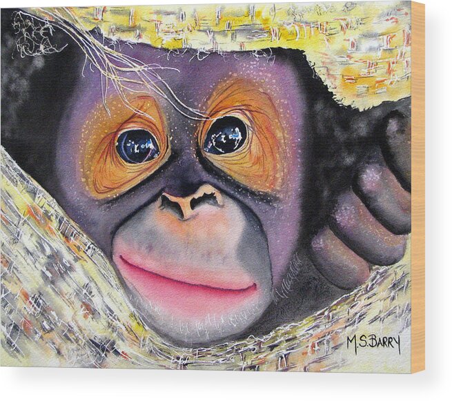 Baby Orangutan Wood Print featuring the painting Peek A Boo by Maria Barry