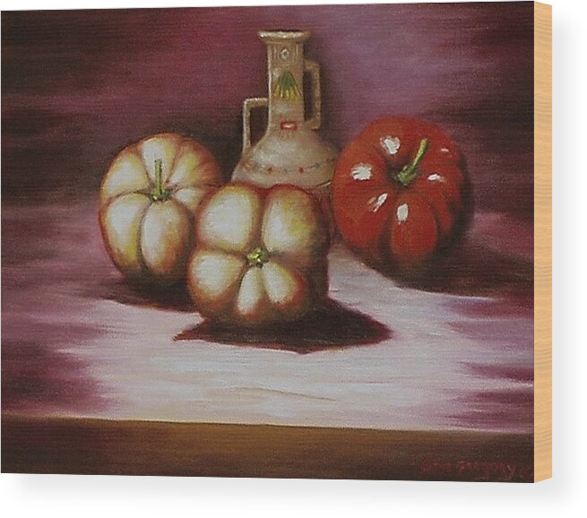 Still Life Wood Print featuring the painting Peppers and pot by Gene Gregory