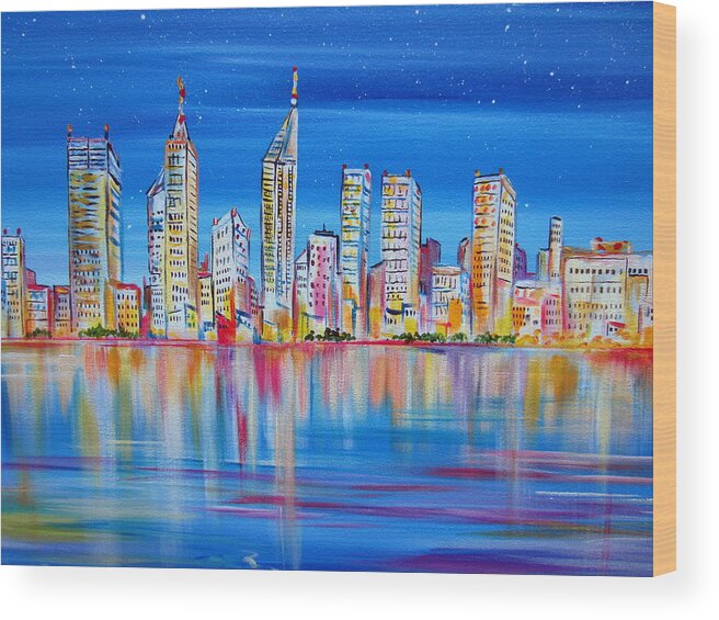 Perth Wood Print featuring the painting Perth Skyscrapers Skyline on the Swan River by Roberto Gagliardi