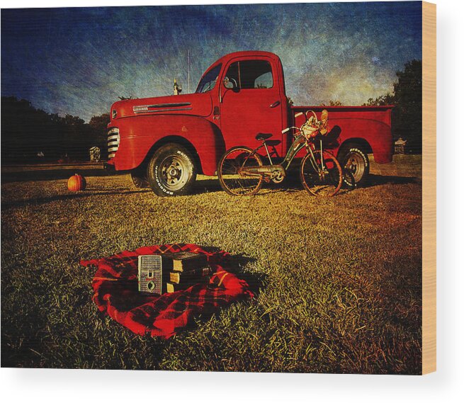 Red Ford Trucks Wood Print featuring the photograph Picnic time 2 by Toni Hopper