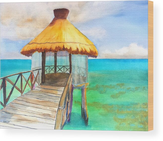 Pier Wood Print featuring the painting Pier Gazebo at Mayan Palace by Carlin Blahnik CarlinArtWatercolor