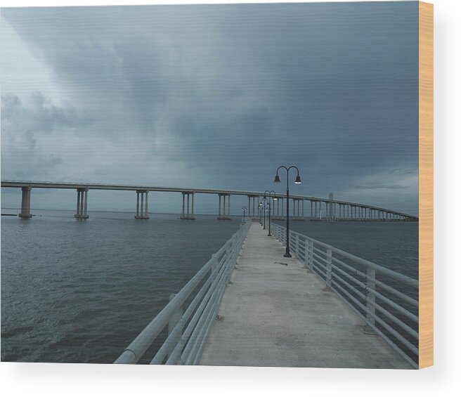 Black&white Wood Print featuring the photograph Pier meets Bridge by Jerry Connally