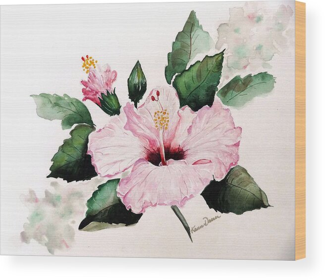 Hibiscus Painting  Floral Painting Flower Pink Hibiscus Tropical Bloom Caribbean Painting Wood Print featuring the painting Pink Hibiscus by Karin Dawn Kelshall- Best