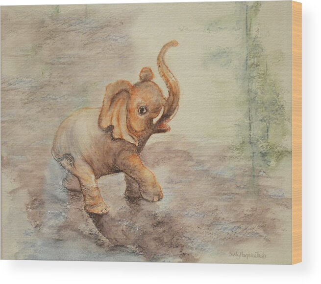 Elephant Wood Print featuring the painting Playful Elephant Baby by Sandy Murphree Jacobs
