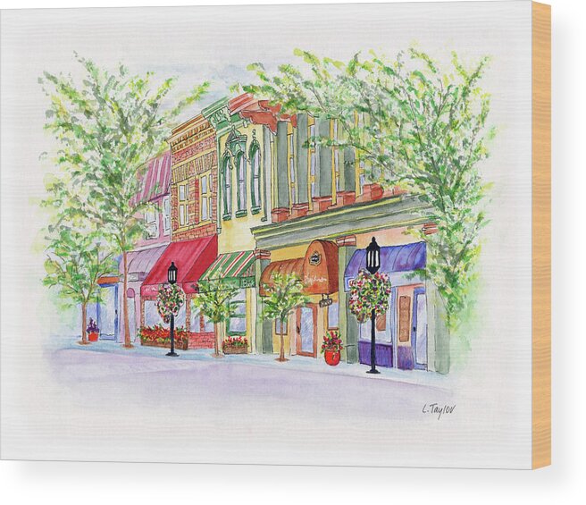Ashland Oregon Wood Print featuring the painting Plaza Shops by Lori Taylor