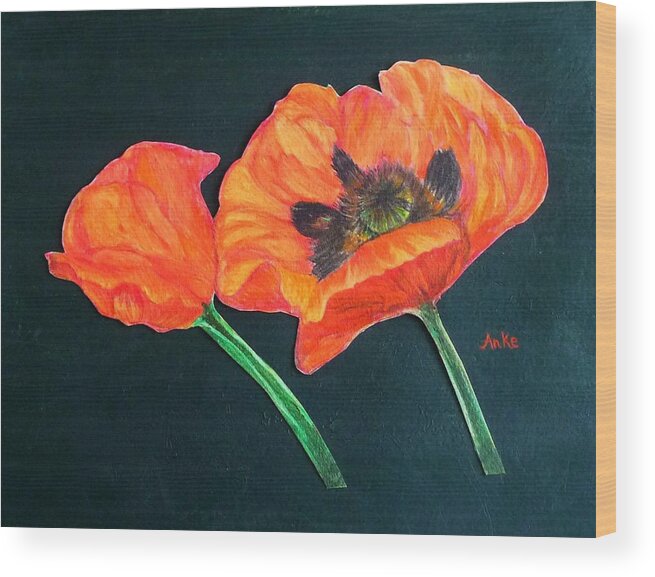 Anke Wheeler Wood Print featuring the painting Poppy Bud and Bloom by Anke Wheeler