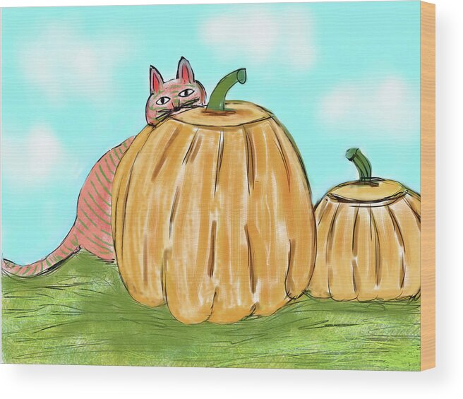 Landscape Wood Print featuring the digital art Pumpkin Cat by Christina Wedberg