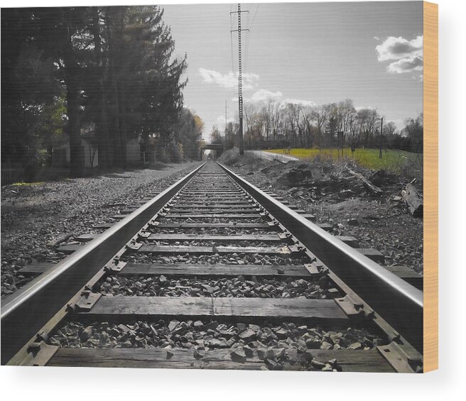 Railroad Tracks Wood Print featuring the photograph Railroad Tracks BW by Chris Montcalmo