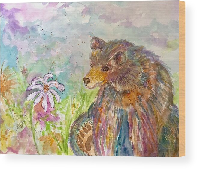 Rainbow Bear Wood Print featuring the painting Rainbow Bear and Wildflowers by Ellen Levinson
