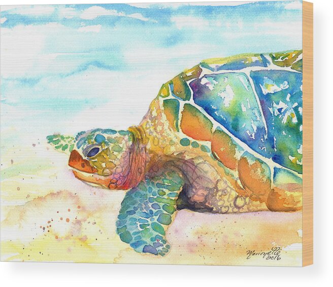 Turtle Wood Print featuring the painting Rainbow Sea Turtle by Marionette Taboniar
