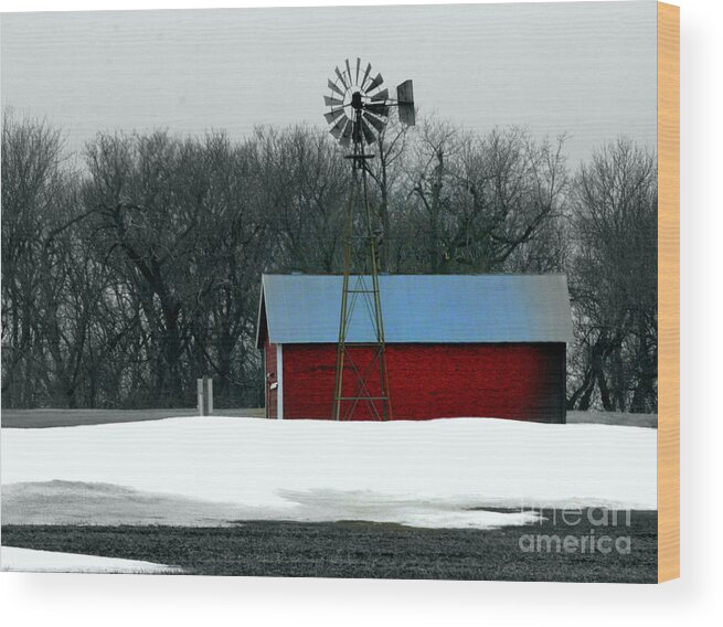 Red Barn Wood Print featuring the photograph Red Barn and Windmill by Julie Lueders 