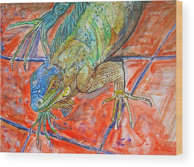 Iguana Wood Print featuring the painting Red Eyed Iguana by Kelly Smith