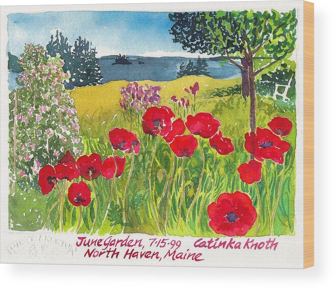 Summer Wood Print featuring the painting Red Poppies Coastal Maine Island June Garden North Haven by Catinka Knoth