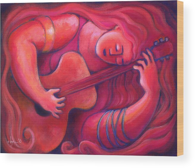 Guitar Wood Print featuring the painting Red Sings the Blues Painting 43 by Angela Treat Lyon