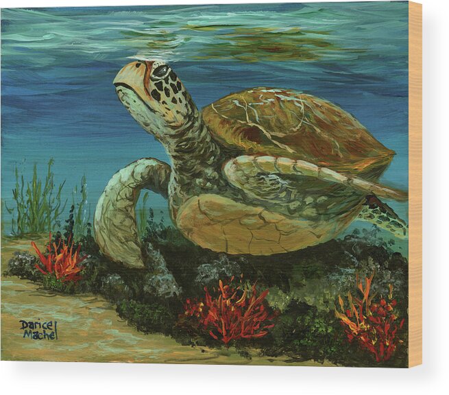 Honu Wood Print featuring the painting Reef Honu by Darice Machel McGuire