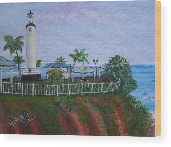 Lighthouse In Rincon By The Ocean Of The Island Of Puerto Rico Wood Print featuring the painting Rincon's Lighthouse by Gloria E Barreto-Rodriguez
