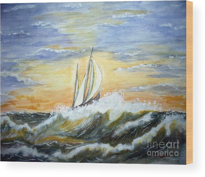 Sea Wood Print featuring the painting Rough Seas by Carol Grimes