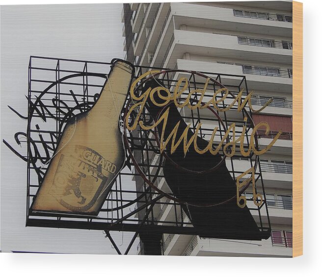 Royal Guard Cerveza Wood Print featuring the photograph Royal guard cerveza and golden music sign by Cheryl Hoyle
