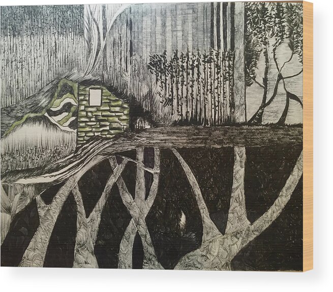 Black And Whitw Wood Print featuring the drawing Scene elevated by trees by Dennis Ellman