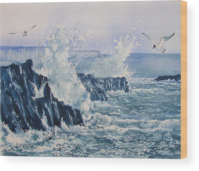 Glenn Marshall Yorkshire Artist Wood Print featuring the painting Sea, Splashes and Gulls by Glenn Marshall