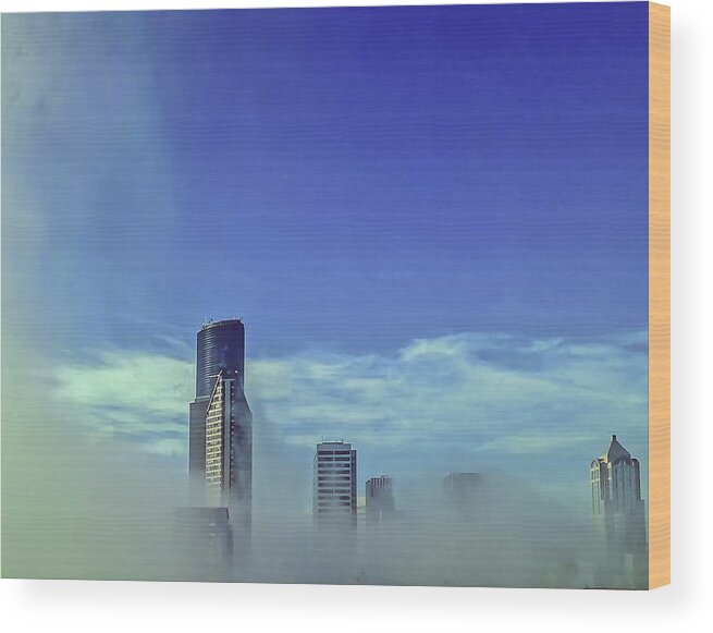 Blue Wood Print featuring the photograph Seattle Fog Scape by Kathryn Alexander MA
