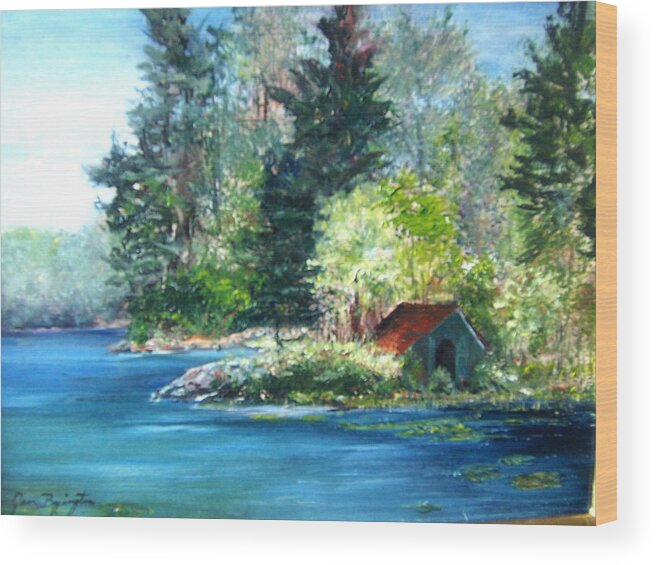 Millsite Lake Wood Print featuring the painting Secluded Boathouse-Millsite Lake by Jan Byington