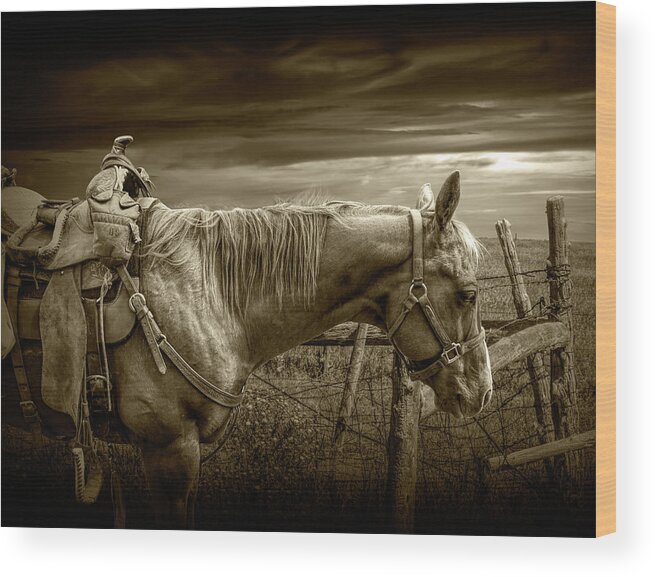 Saddle Wood Print featuring the photograph Sepia Tone of Back at the Ranch Saddle Horse by Randall Nyhof